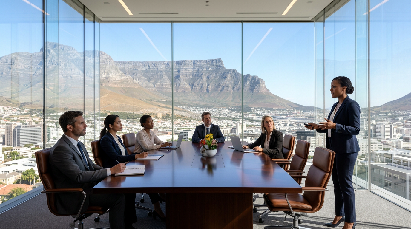 Modern executive boardroom with Table Mountain view